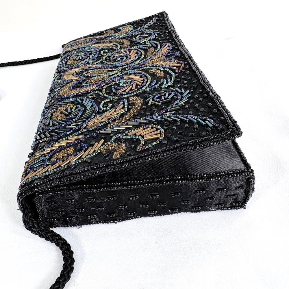 Carolyne Barton Beaded Clutch Black Iridescent Gold Paisley Evening Bag - Picture 5 of 10